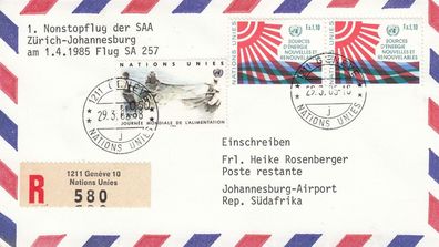 1. Nonstopflug der SAA Zürich-Johannesburg am 1.4.1985 Flug SA 257 Einschreiben