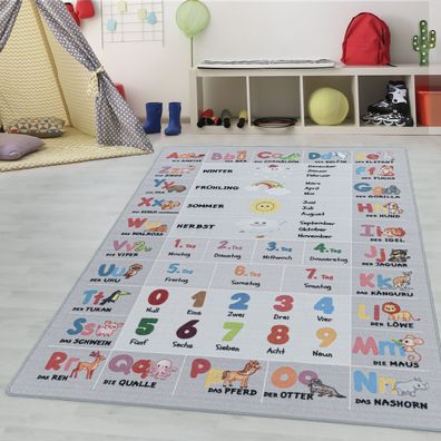 Kinderteppich Kinderzimmerteppich Buchstaben Zahlen Jahreszeiten Rechteckig GRAU