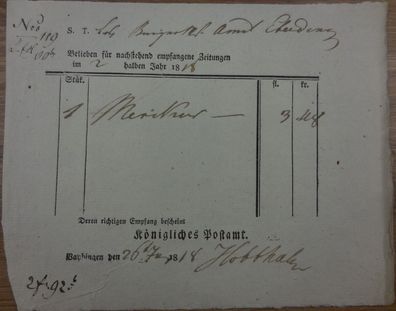 Vorphilatelie Rechnung für Zeitungen aus dem Jahr 1818 von Vaihingen