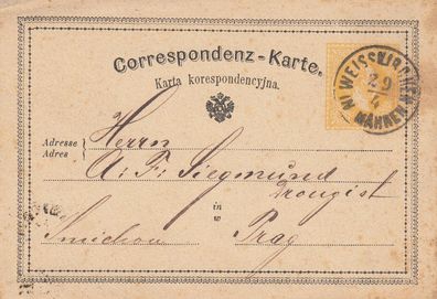 Correspondenz-Karte aus dem Jahr 1872 von Weisskirchen (Mähren) nach Prag