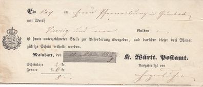 Vorphilatelie Post-Einlieferungsschein aus dem Jahr 1852 von Mainhart