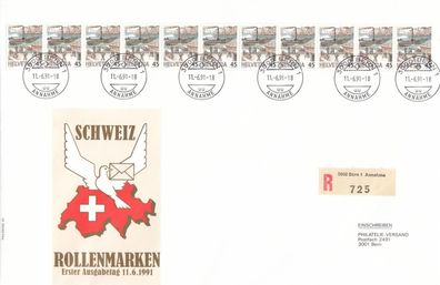 Schweiz FDC 1991, Mi-Nr. 1342 Rollenmarken 11er-Streifen gelaufen