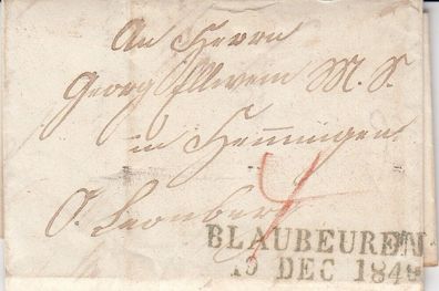 vollständiger Vorphilabrief aus dem Jahr 1849 von Blaubeuren nach Lauenburg