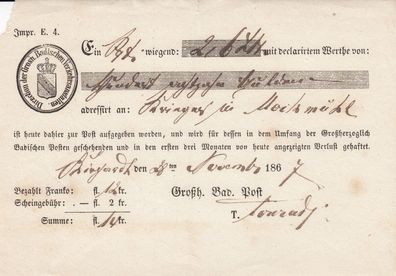 Vorphilatelie Post-Einlieferungsschein aus dem Jahr 1867