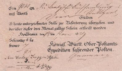 Vorphilatelie Post-Einlieferungsschein aus dem Jahr 1839 von Heilbronn