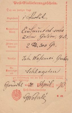 Altdeutschland Vorphilatelie Post-Einlieferungsschein aus dem Jahr 1873