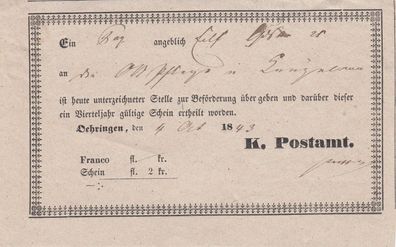 Vorphilatelie Post-Einlieferungsschein aus dem Jahr 1843 von Dehringen