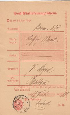 Altdeutschland Baden Post-Einlieferungsschein aus dem Jahr 1888 von Murg
