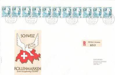 Schweiz FDC 1987, Rollenmarken 11er-Streifen Mi-Nr. 1323 gelaufen
