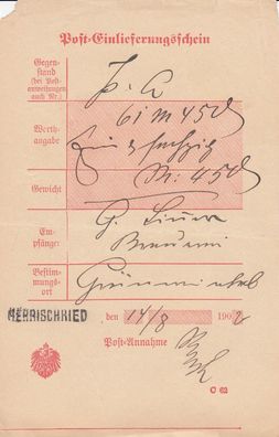 Altdeutschland Baden Post-Einlieferungsschein aus dem Jahr 1902 von Herrischried (1)
