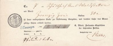 Vorphilatelie Post-Einlieferungsschein aus dem Jahr 1851 von Ellwangen L1-Stpl.