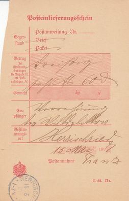 Altdeutschland Baden Post-Einlieferungsschein aus dem Jahr 1907 von Herrischried