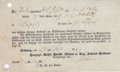 Vorphilatelie Post-Einlieferungsschein Orts-Porto aus dem Jahr 1841 von Coburg (1)