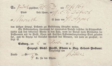 Vorphilatelie Post-Einlieferungsschein Orts-Porto aus dem Jahr 1841 von Coburg (2)