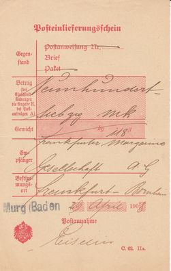 Altdeutschland Baden Post-Einlieferungsschein aus dem Jahr 1908 von Murg