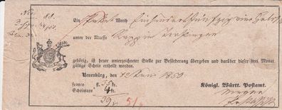 Vorphilatelie Post-Einlieferungsschein aus dem Jahr 1850 von Neuenbürg