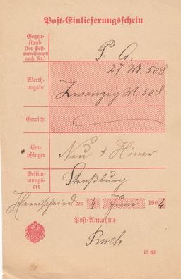 Altdeutschland Baden Post-Einlieferungsschein aus dem Jahr 1904
