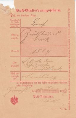 Altdeutschland Baden Post-Einlieferungsschein aus dem Jahr 1897