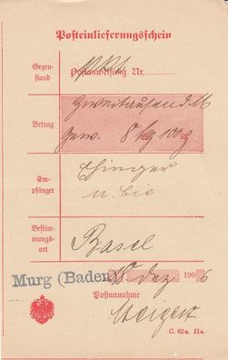 Altdeutschland Baden Post-Einlieferungsschein aus dem Jahr 1906 von Murg