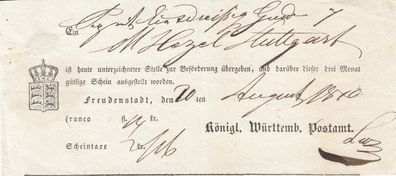 Vorphilatelie Post-Einlieferungsschein aus dem Jahr 1810 von Freudenstadt