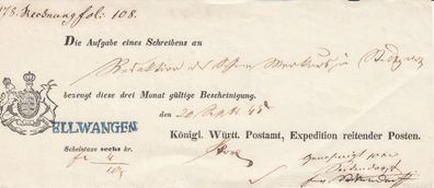 Vorphilatelie Post-Einlieferungsschein aus dem Jahr 1845 von Ellwangen L1-Stpl.