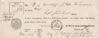 Vorphilatelie Post-Einlieferungsschein aus dem Jahr 1870 von Gaildorf Steigbügel