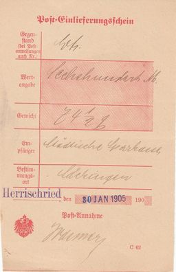 Altdeutschland Baden Post-Einlieferungsschein aus dem Jahr 1905 von Herrischried