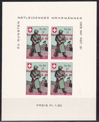 Schweiz Soldatenmarken Kleinbogen ungezähnt mit Aufdruck Remobilmachung 16.9.40