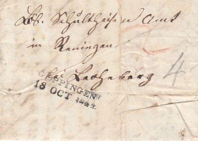 vollständiger Vorphilabrief aus dem Jahr 1843 von Göppingen nach Raningen