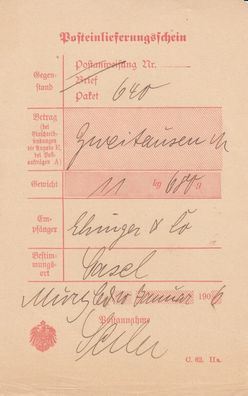 Altdeutschland Baden Post-Einlieferungsschein aus dem Jahr 1906 von Mürg