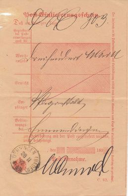 Altdeutschland Baden Post-Einlieferungsschein aus dem Jahr 1892 von Öhningen