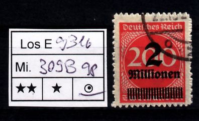 Los E9316: Deutsches Reich Mi. 309 B, gest., gepr. INFLA