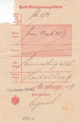 Altdeutschland Baden Post-Einlieferungsschein aus dem Jahr 1902 von Öhningen