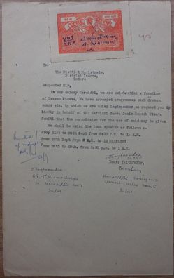Indien Dokument von ca. 1950 mit einer Gebührenmarke/ Steuermarke