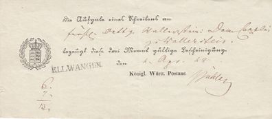 Vorphilatelie Post-Einlieferungsschein aus dem Jahr 1842 von Ellwangen L1-Stpl.