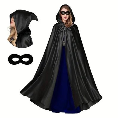 Sehr schöner schwarzer langer Umhang Halloween Cape 180 cm Kapuze Maske
