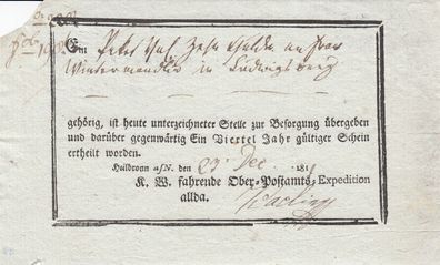 Vorphilatelie Post-Einlieferungsschein aus dem Jahr 1811 von Heilbronn