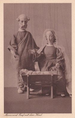 Postkarte Marionettentheater Münchner Künstler "Maria und Josef mit dem Kind"