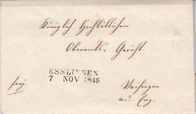 vollständiger Vorphilabrief aus dem Jahr 1845 von Esslingen nach Vaihingen