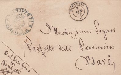 Italien Brief aus dem Jahr 1877 von Barletta nach Bari