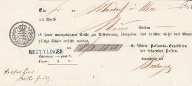 Vorphilatelie Post-Einlieferungsschein aus dem Jahr 1850 von Reuttlingen L1-Stpl