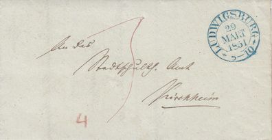 vollständiger Vorphilabrief aus dem Jahr 1851 von Ludwigsburg nach Kirchheim RAR