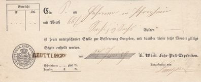 Vorphilatelie Post-Einlieferungsschein aus dem Jahr 1859 von Reuttlingen L1-Stpl