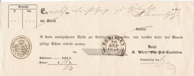 Vorphilatelie Post-Einlieferungsschein aus dem Jahr 1856 von Öhringen Steigbügel