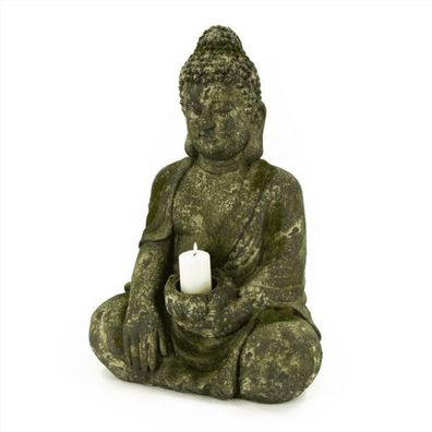 Buddha Bali sitzend mit Kerzenhalter MGO, grau-grün, 42×31,5x61cm