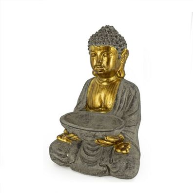 Buddha sitzend mit Vogeltränke MGO, gold grau, 30×25x45cm