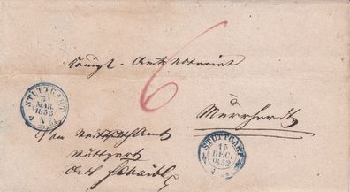 Vorphilabrief aus dem Jahr 1852 von Stuttgart nach ???