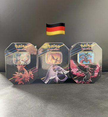 3x Pokemon Karten TCG Tin Set Box Zenit der Könige Artkos Lavados Zapdos