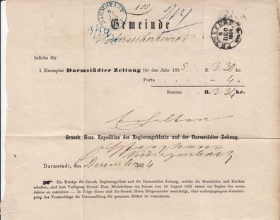 Rechnung für die Darmstädter Zeitung aus dem Jahr 1855