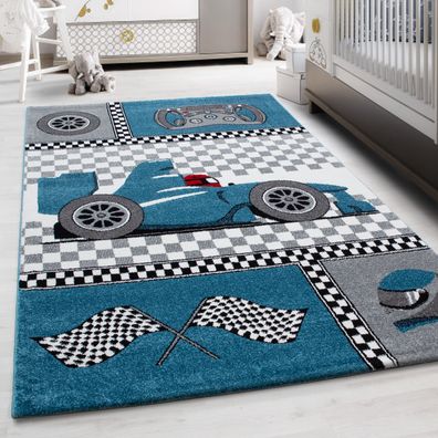 Teppich Kinderteppich Kurzflor Pflegeleicht Rennwagen Kinderzimmer Blau